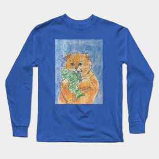 Cat Holding Fish Long Sleeve T-Shirt